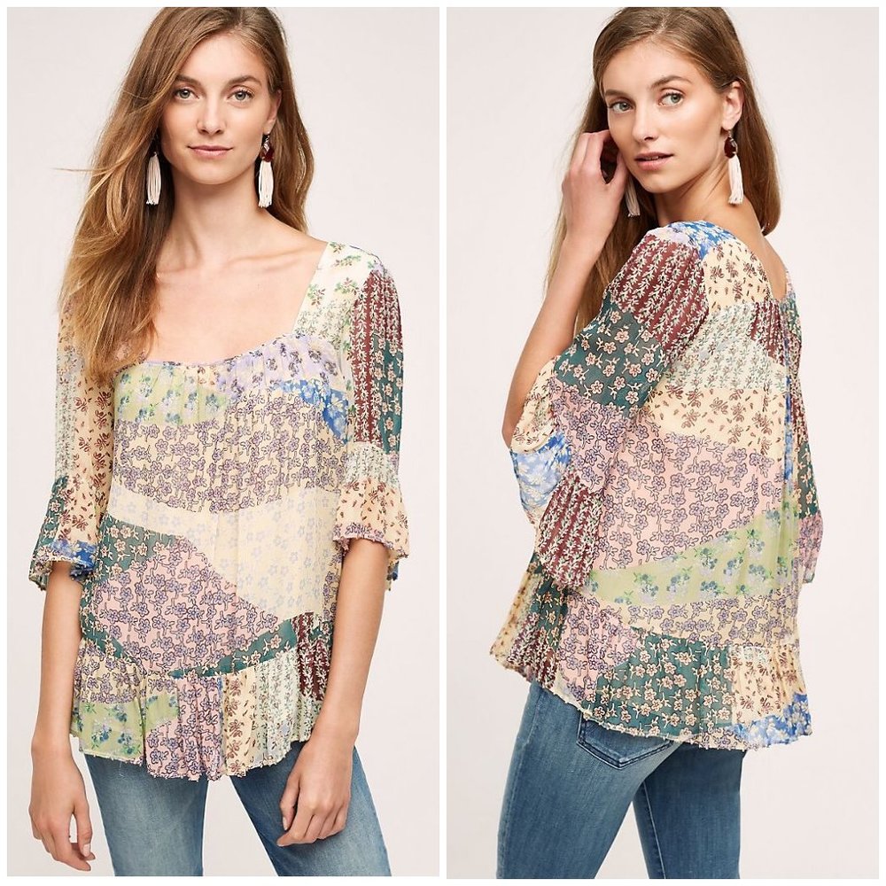 Anthropologie Floreat Patchwork Peasant Top